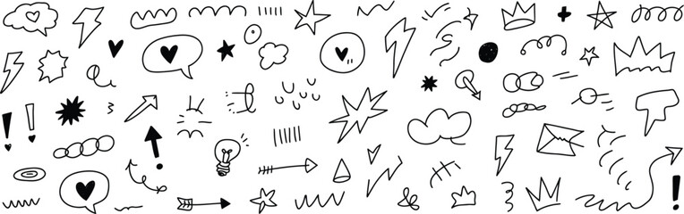 Poster - a collection of hand drawn doodle elements including stars hearts arrows and various shapes in black