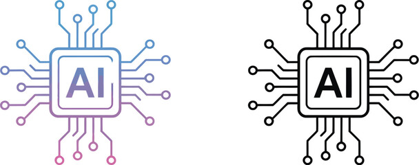 Poster - Three ai chip icons with different color schemes on dark, white and light backgrounds in a row format