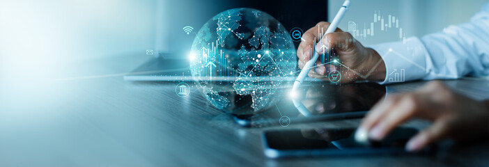 Aufkleber - Global business structure of network. business growth, finance and banking, Stock, Analysis and data exchange customer connection, Customer service, Teamwork, Strategy, Technology and social network.
