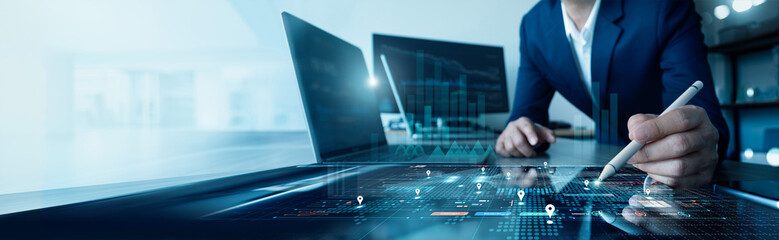 Poster - Global business structure of network. Expanding business scope and customers, Business growth, Analysis and data exchange customer connection, Customer service, Technology, Strategy and planning.