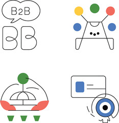 Aufkleber - Four abstract icons with b to b text, a robot, a dome, and an eye on a white background graphic