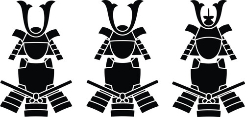 Poster - Three black samurai armor sets displayed in a row on a white background in a simple graphic style