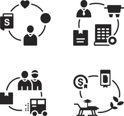 Poster - A collection of four distinct business process icons showing different stages and concepts in black and white