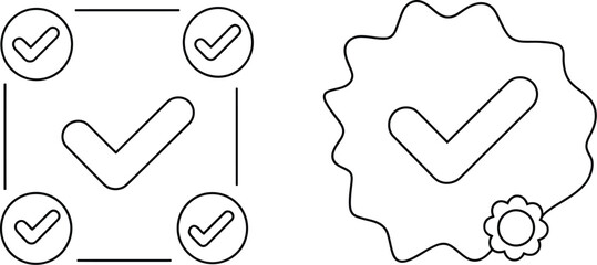 Poster - Two check mark designs one in a square and one with a flower on a white background in a line drawing