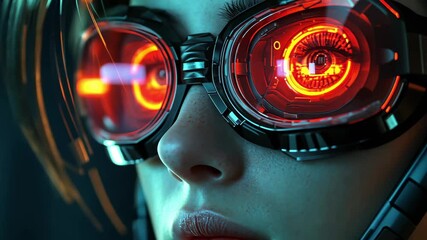 Poster - Cyborg female with glowing goggles captures attention in futuristic setting, Female cyborg zoom on background rings
