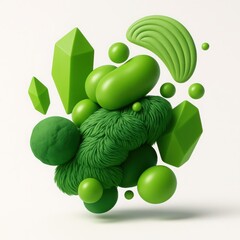 Poster - Abstract Green 3D Render of Geometric Shapes and Organic Textures on White Background