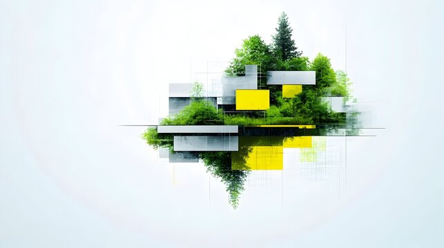 Abstract digital rendering of a verdant island with geometric structures, reflected in a mirrored surface, set against a minimalist white background