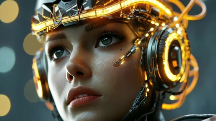 Poster - Female cyborg with glowing gold crown of cables showcasing futuristic technology in a neon-lit environment, Female cyborg with glowing gold crown of cables