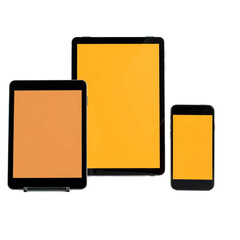 Fototapete - Collection of Blank Digital Devices Including Smartphone, Tablet, and Laptop with Orange Screen Template
