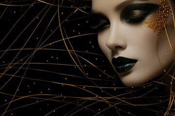 Poster - Elegant minimalist face outline crafted with golden threads on a black background