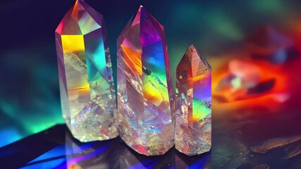 Poster - Colorful crystal reflections on a vibrant surface enhancing light play and texture, Crystal reflecting colorful light on vibrant surface