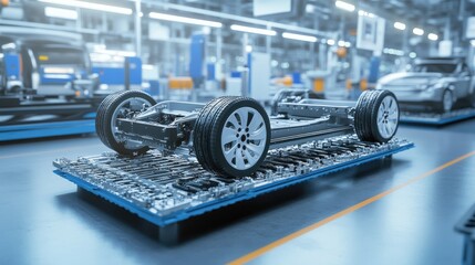 Poster - Factory with electric vehicle chassis being assembled on automated production lines