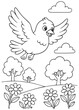 © eli1993 - Coloring book  pigeon flying over a blooming flower field with trees and clouds