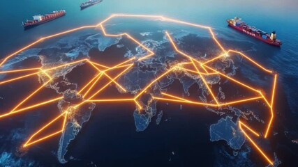 Poster - Global Trade Network: A vibrant network of glowing orange lines connects continents on a detailed satellite image of Earth, symbolizing global trade and interconnectedness.