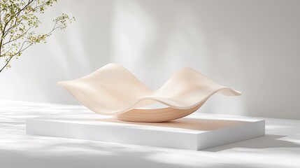 Poster - Abstract Beige Wavy Grid Sculpture on White Platform