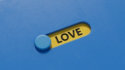 Poster - love.slide switch spelling.Flat lay view from above on slide switch buttons.IT technology concept.3D rendering on blue background.