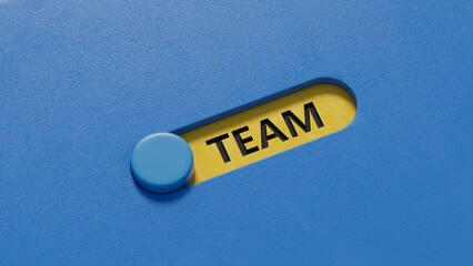 Fototapete - The hand puts a slide switch with the letter T from the word Team. The word is written on slide switch.close up of slide switch.3D rendering on blue background.