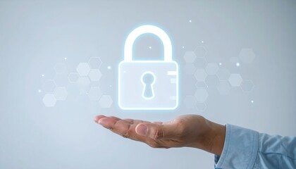 Poster - modern digital security concept with a glowing padlock icon above a hand representing cybersecurity 