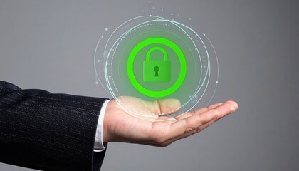 Poster - businessman hand holding digital secure lock icon with holographic security circle representing data