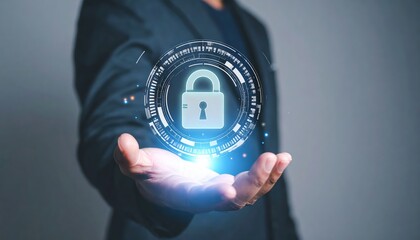 Poster - modern digital security concept with a person holding a holographic lock symbol representing cyberse