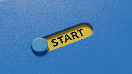 Poster - slide switch with the word start. To start a business, job, project or career concept.3D rendering on blue background.