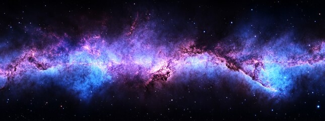 Wall Mural - Cosmic Nebula in Deep Space: A Panoramic View of Purple and Blue Galactic Clouds