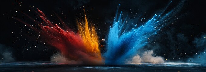 Wall Mural - Dynamic Color Explosion: Blue Red Orange Powder Splash on Dark Background