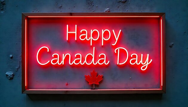 Happy Canada Day framed by red maple leaves on grey wood, autumn leaves scattered, Happy Canada Day July 1 greeting web banner design template with red maple leaf, created with generative ai