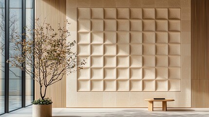 Poster - Sunlight Casting Geometric Shadows on a Beige Wooden Wall