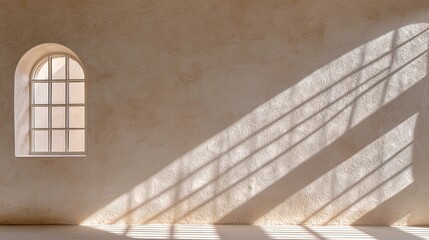 Poster - Sunlight Reflecting Off Window Casting Abstract Shadow Patterns on Beige Wall