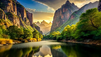 Wall Mural - Tranquil river flows through majestic canyon at sunrise, nature's beauty