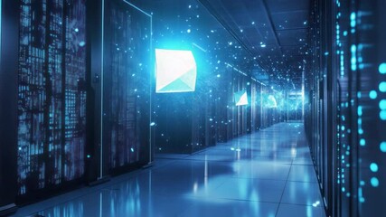 Poster - Data Center corridor with holographic light effects: A futuristic data center corridor illuminated with holographic light effects, suggesting the flow of information and technological innovation.