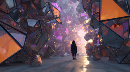 Wall Mural - illustration for futuristic fashion | intelligence beyond form | lonely stardom | retro oranges and purples | cinematic wideshot | bio-mechanical armor | complex panel reflections | hyperreal