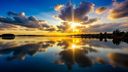 Wall Mural - Golden Hour Serenity Clouds Drift, Sunbeams Dance on Tranquil Waters