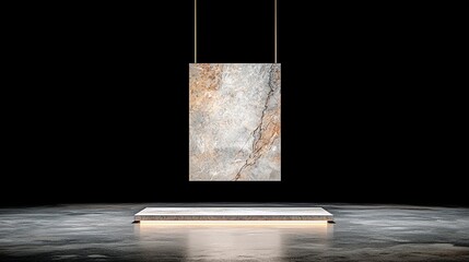 Poster - Suspended Gray And Brown Textured Frame With Metallic Platform In Dark Room