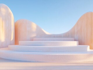 Poster - Abstract Geometric Desert Landscape with White Platforms Under a Clear Sky