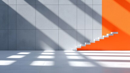 Poster - Modern Minimalist Concrete Stairs with Orange Wall and Sunlight Shadows
