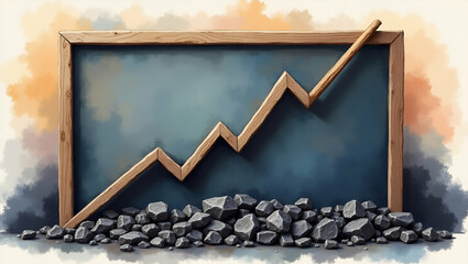 Poster - Photo Realistic Blackboard with Iron Ore and Downward Graph Concept - Dreamy Background for Text/Graphics Symbolizing Iron Ore Value Drop in Stock Photography