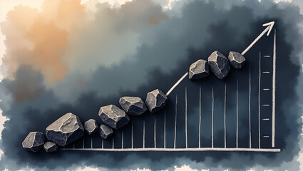 Poster - Photo Realistic Blackboard Concept: Iron Ore Downward Graph Against Dreamy Background - Perfect for Illustrating Commodity Value Decline in Stock Photography