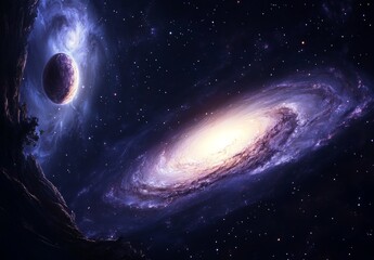 Wall Mural - Spiral Galaxy and Planet in a Starry Night Sky