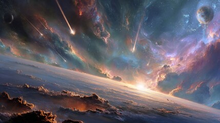 Wall Mural - Vibrant Galaxy with Meteor Shower Over Planetary Horizon