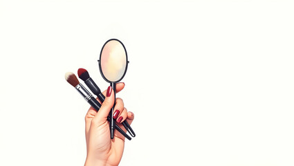 Poster - Photo Realistic Person with Makeup Kit and Mirror for Beauty Service Concept - Efficient and Friendly Beauty Services with Blank Background for Text or Graphics
