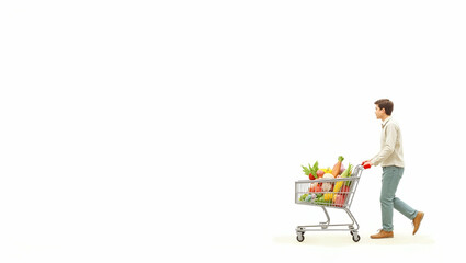 Poster - Photo Realistic Image of a Person with a Shopping Cart Full of Groceries Against a Blank Background - Ideal for Retail Service Concepts Highlighting Efficiency and Friendliness