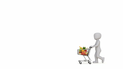 Poster - Photo Realistic Image of a Person Pushing a Shopping Cart Filled with Groceries Against a Blank Background for Retail Service Concept