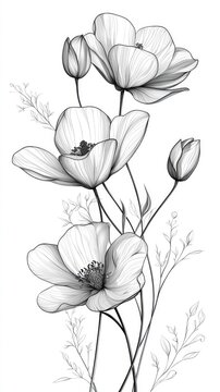 Elegant monochrome illustration of delicate floral arrangements.