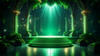 © rasolmar - A grand platform surrounded by lush greenery and towering architectural columns, bathed in emerald lighting. A focused overhead beam enhances the enchanting, dramatic atmosphere with glowing orbs in t