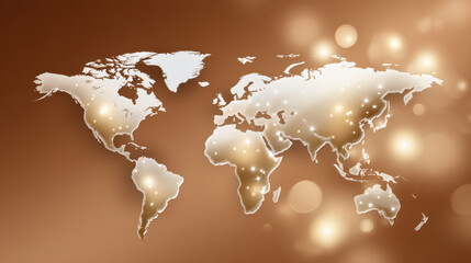 Poster - World map supply chain concept with glowing connection points showing global network and logistics in warm brown background