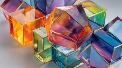 Poster - Vibrant geometric glass toys with colorful transparent shapes including cubes and a dodecahedron arranged on a neutral background for creative design and decorative art