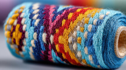 Poster - Vibrant colorful patterned woven textile fabric detailed close-up of intricate traditional design on a rolled piece of cloth with rich hues and textured surface