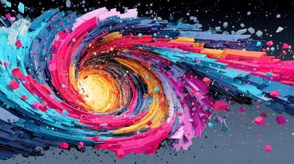 Fototapete - Glitching Data Stream, a vibrant display of fracturing data in luminous cyan and fuchsia, spiraling shards with sleek vector lines creating a dynamic visual experience.